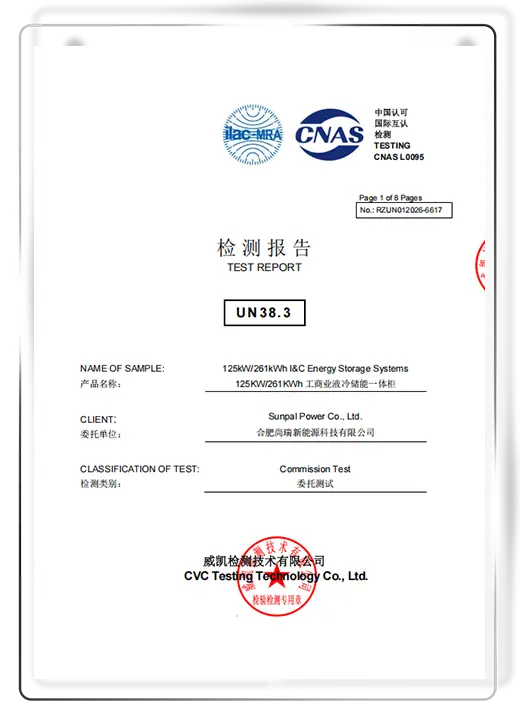 UN38.3 test report document for 125kW/261kWh energy storage systems issued by CVC Testing Technology.