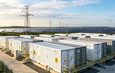 Rows of white battery energy storage containers deployed at a large-scale solar power farm with transmission towers in the background.