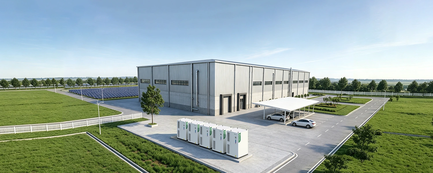 Aerial rendering of energy storage cabinets installed outside a large industrial building with a solar panel array in the background.