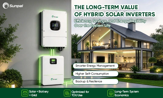 Long-term value of hybrid solar inverters with battery storage, smart energy management, and backup power.