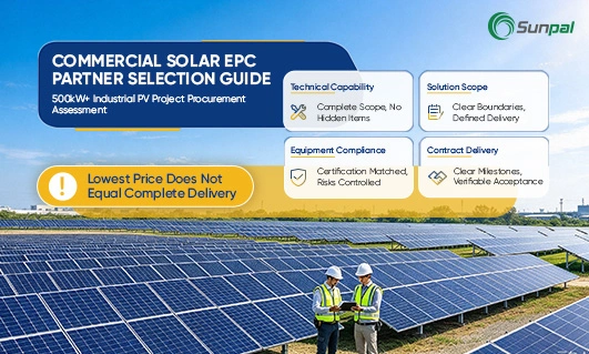 Solar engineers inspecting a large-scale photovoltaic installation alongside an EPC evaluation framework covering technical capability, solution scope, equipment compliance, and contract delivery.