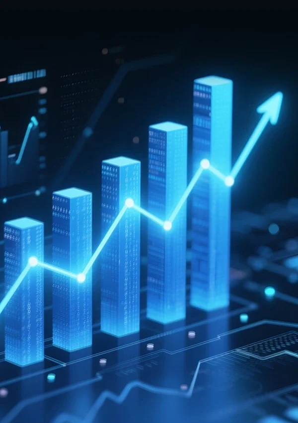 Glowing blue digital 3D bar chart with an upward-trending arrow overlay, representing energy project growth and financial ROI metrics.