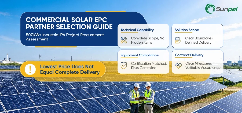 Commercial solar EPC partner selection guide for 500kW+ industrial PV projects, highlighting technical capability, equipment compliance, project scope, and contract delivery.