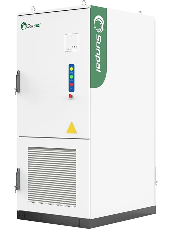 SUNPAL LiPal ESS-E261LP white liquid-cooled energy storage cabinet featuring front control panel lights, emergency stop button, and lower ventilation grille.
