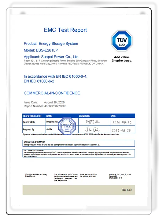 Official TÜV SÜD EMC Test Report cover for Sunpal Energy Storage System model ESS-E261LP.