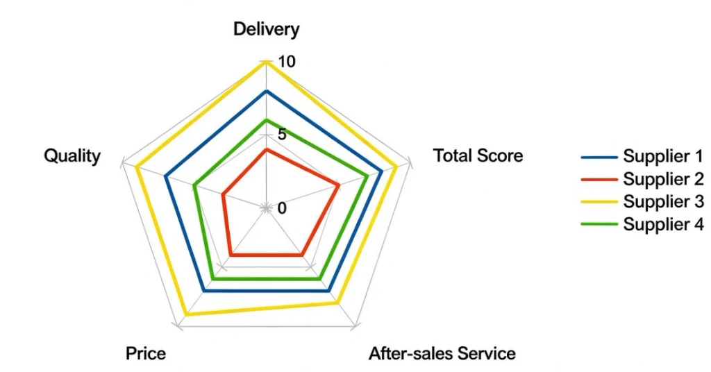 Wholesale solar supplier evaluation radar chart comparing 4 suppliers across 5 assessment dimensions: delivery, technical documentation, quality, customization, after-sales service.