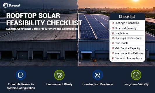 Commercial and industrial rooftop solar panels with a checklist for assessing structural capacity, usable roof area, electricity demand, and project viability.