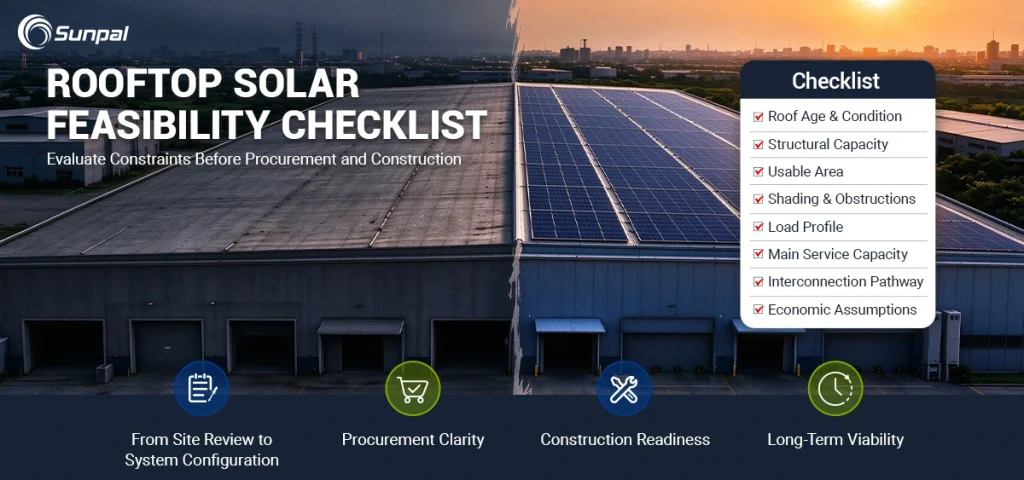 Industrial rooftop solar feasibility checklist showing roof condition, structural capacity, usable area, shading, load profile, and grid connection requirements.